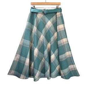VTG Teal Plaid FULL SKIRT Womens Size 14 Rockabilly TAN JAY Academia Wool Blend